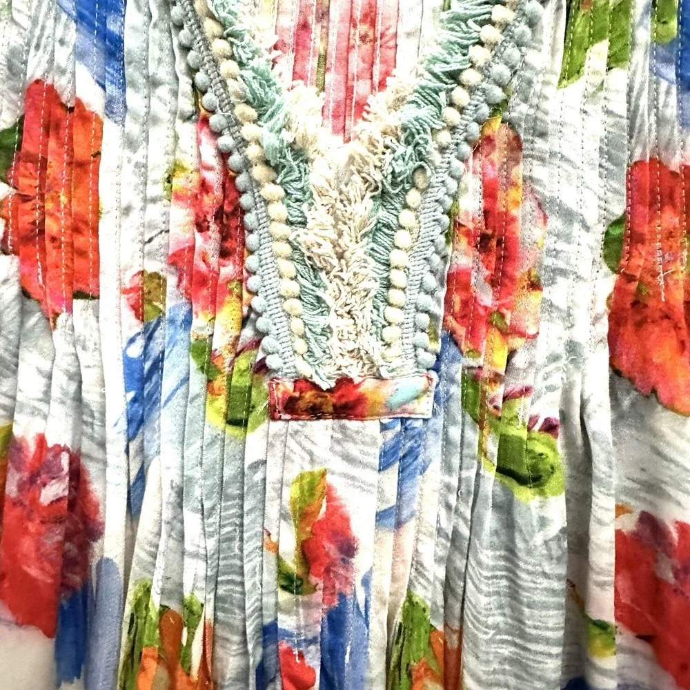 Tolani Floral Dress XL Pintuck Tiered Pockets Crochet Sleeveless Lightweight